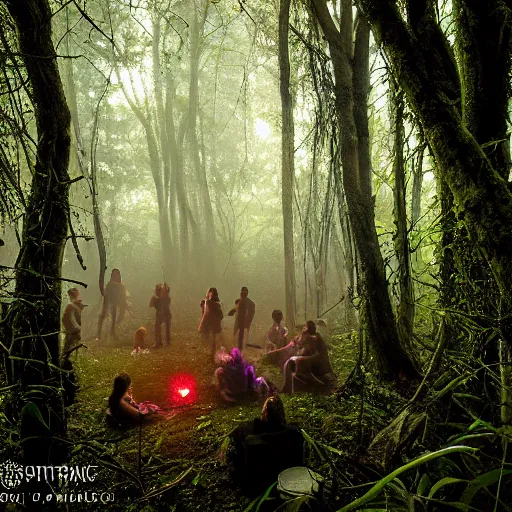 Image similar to psytrance party in a secluded forest, mystical, psychedelic, fog