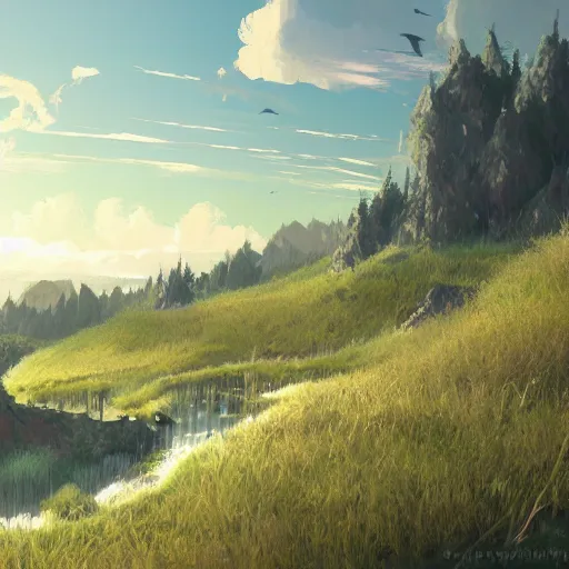 Image similar to concept art painting of a marsh on top of a mountain plateau with forest below, realistic, detailed, cel shaded, in the style of makoto shinkai and greg rutkowski and james gurney