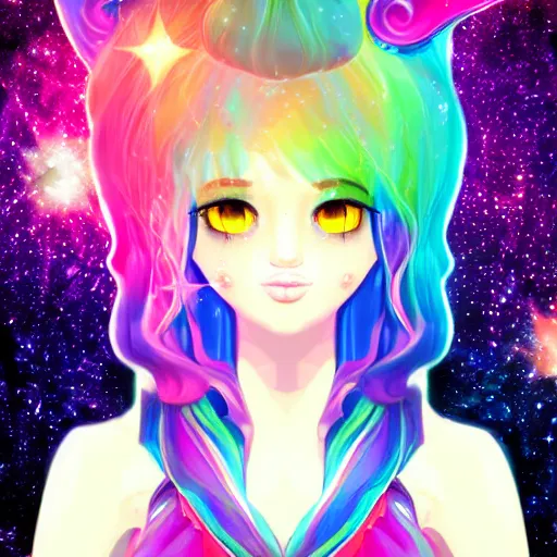 Prompt: Cute prismatic cosmic magical girl from the rainbow sky paradise, digital art