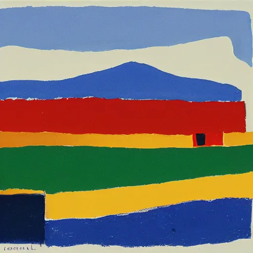 Prompt: a building in a stunning landscape by etel adnan