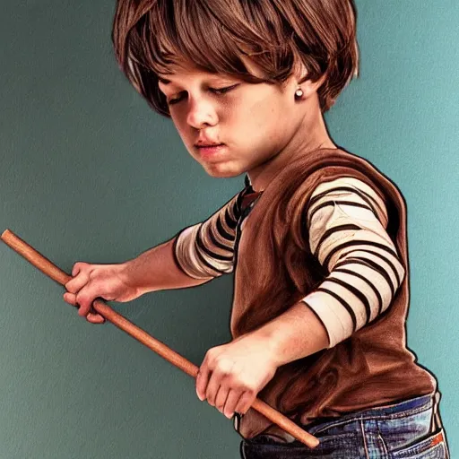 Image similar to highly realistic full body art, boy with brown hair and brown eyes, a wooden bow on his back, highly detailed and intricate, concept art illustration