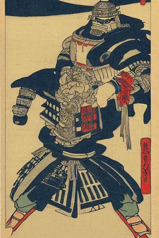 Prompt: Japanese woodblock print of r2d2 as a samurai , hokusai