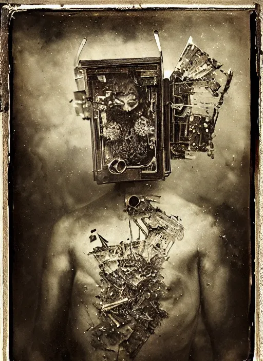 Image similar to old wetplate daguerreotype portrait of saul goodman, explosion of data fragments, fractal, intricate, elegant, highly detailed, parallax, medium format, subsurface scattering, by jheronimus bosch and greg rutkowski and louis jacques mande daguerre