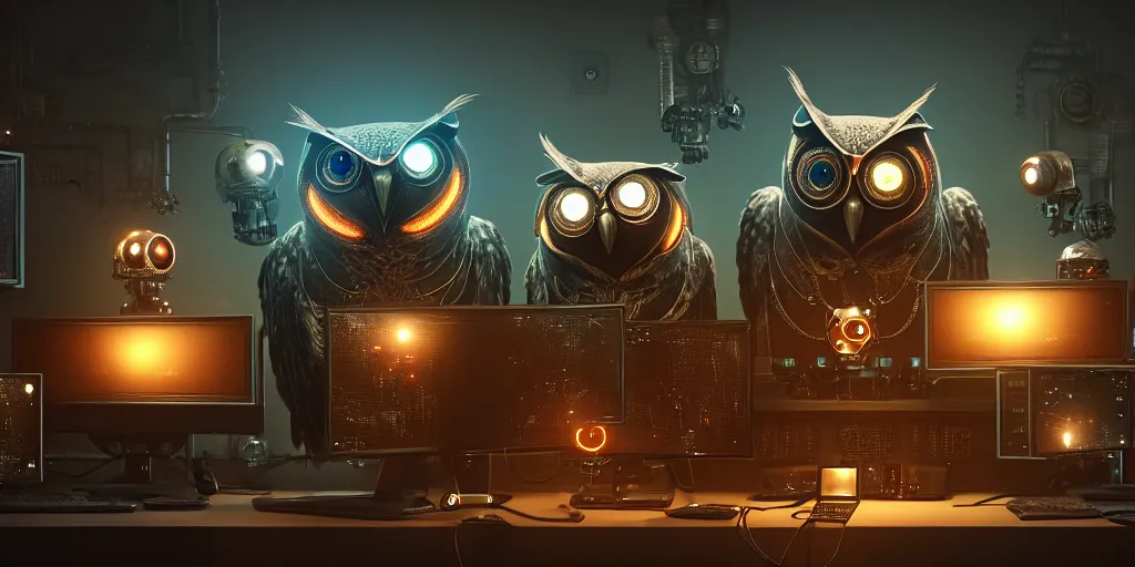 Image similar to an giant evil, malevolent, cyborg owls looking at a computer, surrounded by computer screens. steampunk. this 4 k hd image is trending on artstation, featured on behance, well - rendered, extra crisp, features intricate detail and the style of unreal engine. volumetric lighting octane render