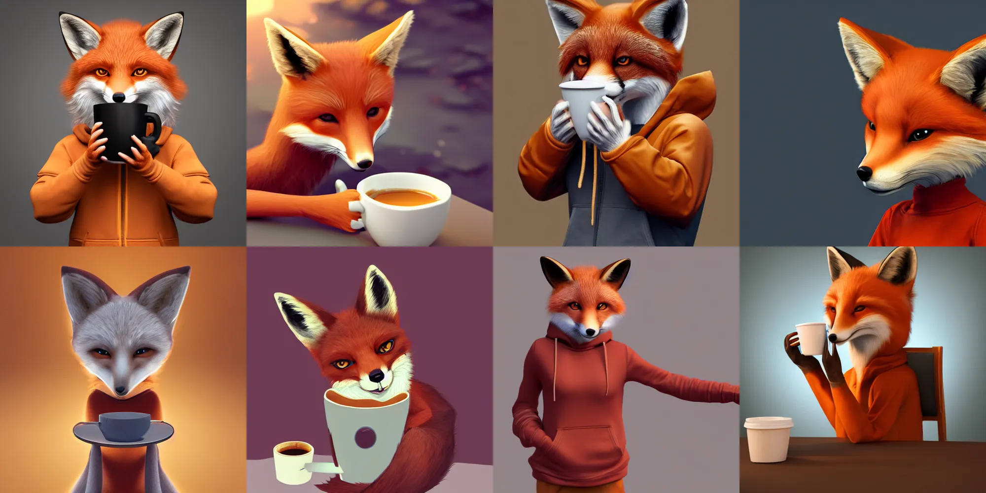 Prompt: A beautiful digital painting of an anthropomorphic fox wearing a hoodie and drinking a coffee, furaffinity, hyperrealistic, 3d unreal engine vray, artstation