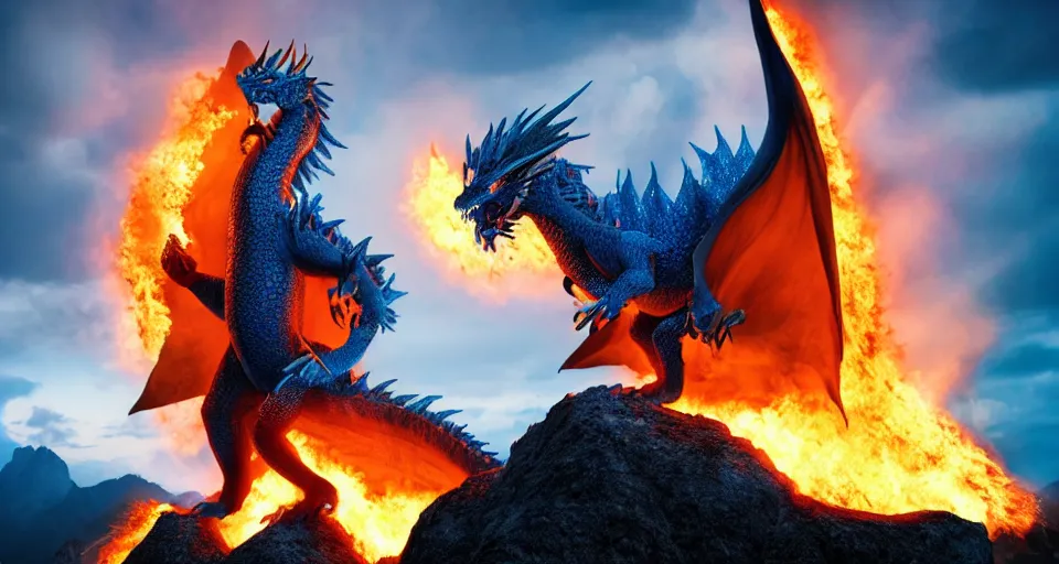 Prompt: a blue dragon standing on top of a mountain breathing fire, epic lighting, epic view, cinematic