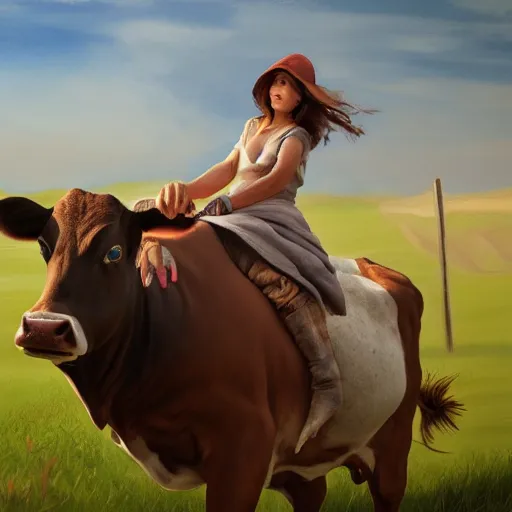 Image similar to girl riding a cow on the farm, trending on artstation