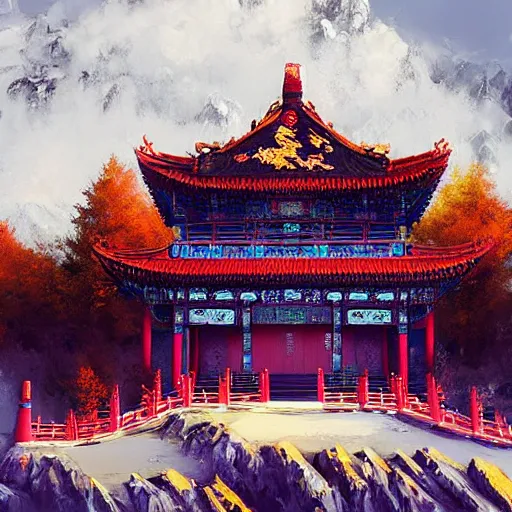 Image similar to chinese buddhist temple on the side of a mountain by anato finnstark, by alena aenami, by john harris, by ross tran, by wlop, by andreas rocha