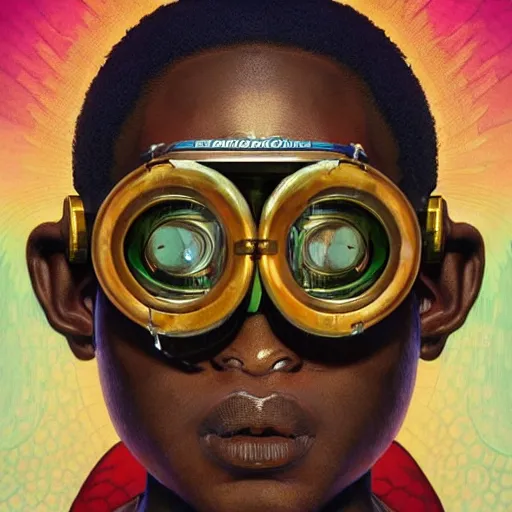 Image similar to colourful vfx upper half - portrait - art of a nigerian boy wearing steam punk goggles, art by utagawa kunisada, james jean & alphonse mucha, symmetrical, intricate detail, concept art, volumetric light, ray tracing, caricature, digital illustration, octane 3 d render, unreal engine, sharp, pinterest, behance, art station,