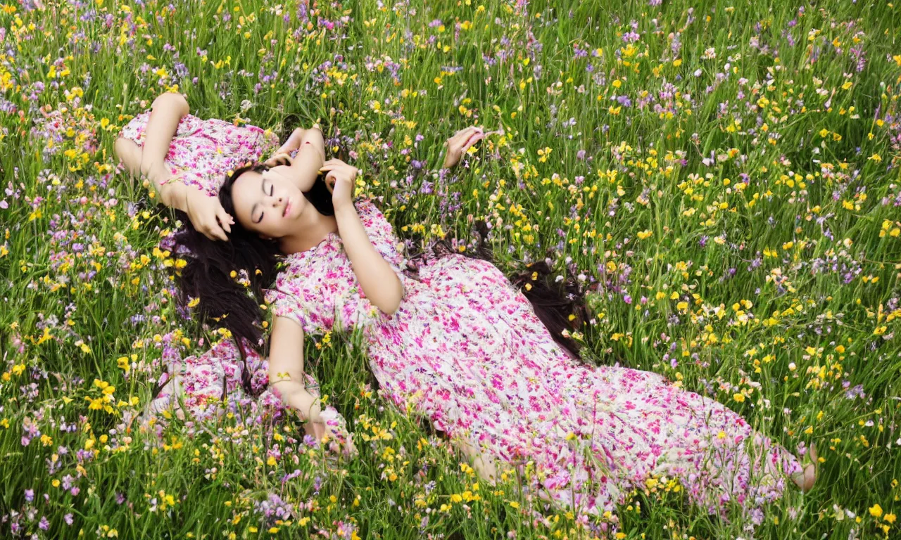 Image similar to a beautiful young Asian woman lying in a field of wildflowers, wearing a sun dress, portrait, dreamy