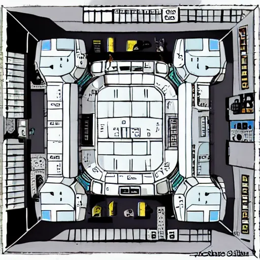 Image similar to top down view, floor layout of a space station for a sci-fi tabletop roleplaying game