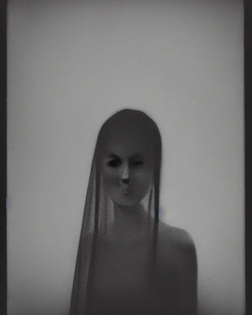 Prompt: photorealism, polaroid, black and white, female silhouette, black veil, noise, out of focus, long exposure