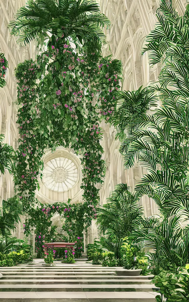 Image similar to grand cathedral interior with koi pond in the middle surrounded by palm trees, ivy, flowers, tropical plants, roses, and with archways, rendered in octane render with photorealistic lighting, cinematic, horizontal symmetry