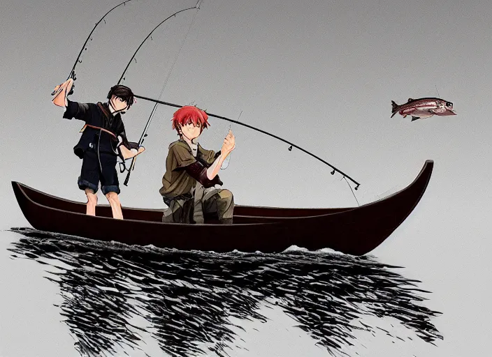 inexperienced boatman fishing on his boat, anime