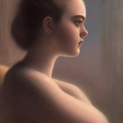 Image similar to silhouette of a Elle Fanning gazing out at the stormy ocean, extremely detailed masterpiece, oil on canvas, Blade Runner 2049, low-key neon lighting, artstation, by J. C. Leyendecker and Peter Paul Rubens,