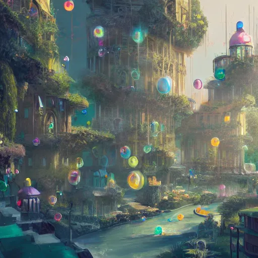 Image similar to a utopian city, filled with fauna, with bubbles floating around everywhere, dynamic lighting, fantasy concept art, trending on art station, stunning visuals, creative, cinematic, ultra detailed