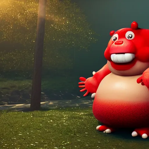 Image similar to chubby fat monster, red scales ,cute, sparkle eyes, photorealistic, wearing skirt, 4k, unrealengine,