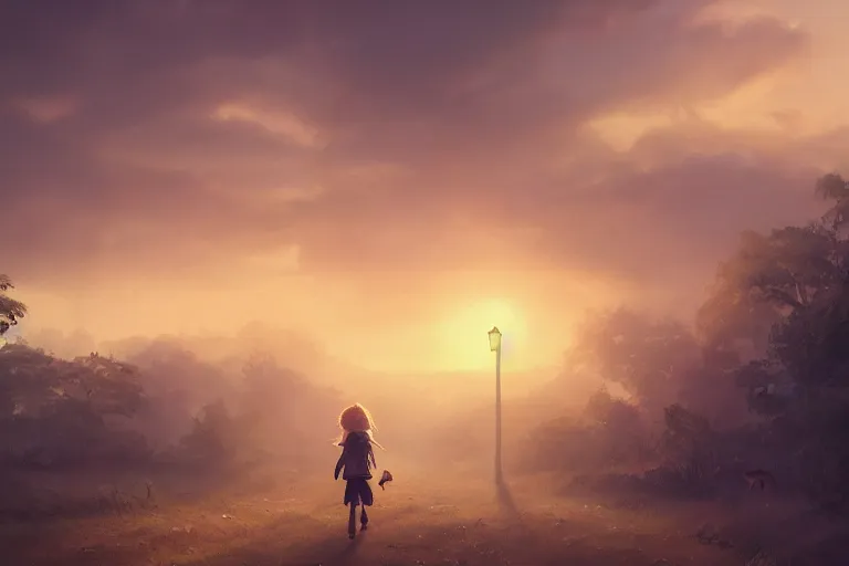 Prompt: a young girl walking to school with her pet fox, matte painting in the style of Greg Rutkowski, early morning light, sunrise, golden hour, trending on artstation