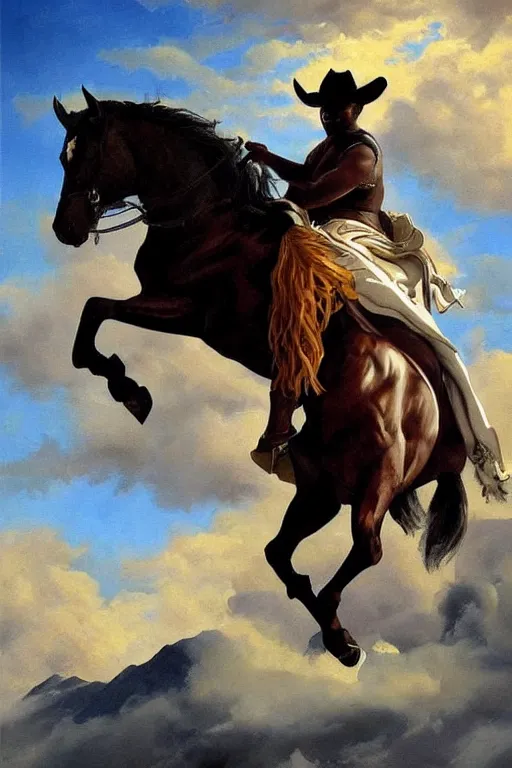 Prompt: a dramatic ethereal epic painting of a handsome black chubby cowboy on a horse | background is clouds and mountains | homoerotic, art deco, art nouveau, highly detailed | by Mark Maggiori, by William Herbert Dunton, by Charles Marion Russell | trending on artstation