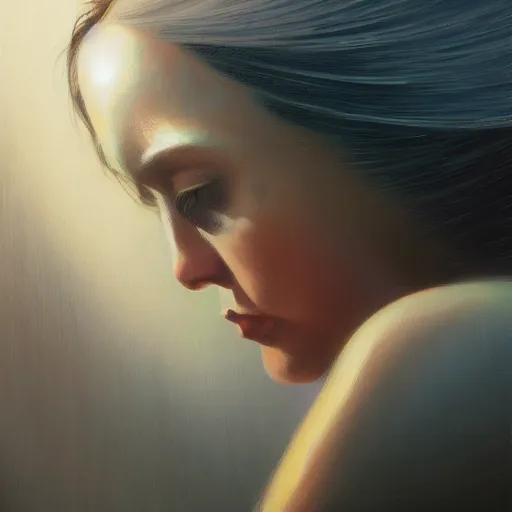 Image similar to detailed face of a woman, clockwork, moment, tectonic sky, skydome, bullet train, turbines, utopian, tech noir, wet reflections, prism, atmospheric, ambient, nick alm, casey baugh, pj crook, syd mead, livia prima, edward hopper