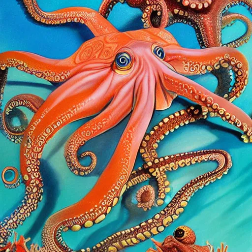 Prompt: confluence of aquatic wild life. octopus, fish, coral, fantasy, painting, detailed, paid artwork, portfolio, intricate lighting