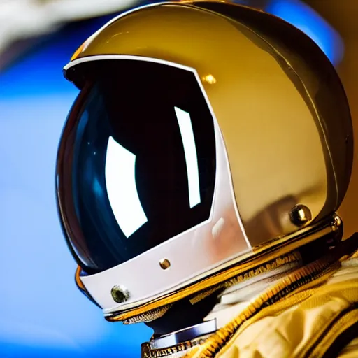 Image similar to a close up photo of astronaut's helmet, supermodel in reflection