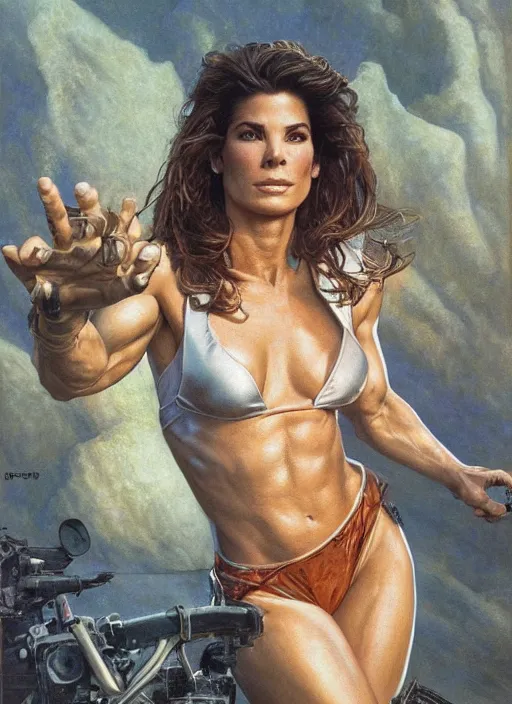 Image similar to Sandra Bullock (1990) as a muscled heroine staring into the camera, torch shadows, foggy night, intricate, elegant, highly detailed, Donato Giancola, Joseph Christian Leyendecker, WLOP, Boris Vallejo, Artgerm