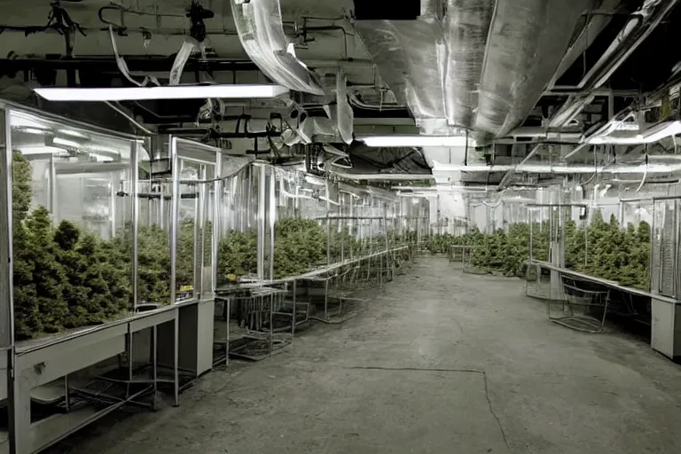 Image similar to photograph of an underground marijuana lab factory atmospheric
