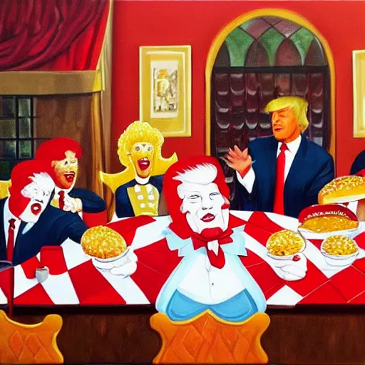 Prompt: donald trump having a banquet with ronald mcdonald the kfc colonel and the burger king in a castle. oil painting.