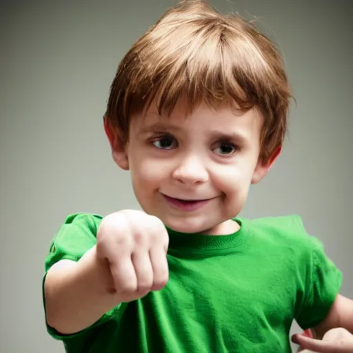 Image similar to small 3 year old boy in a white shirt with green sleeves holding a fist with crumpy look