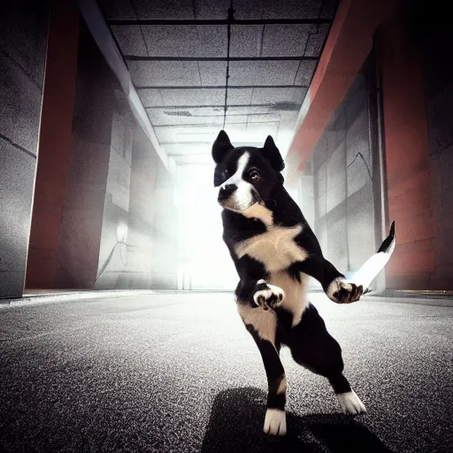 Prompt: puppy ninja warrior, majestic pose, dramatic lighting, cinematic scene