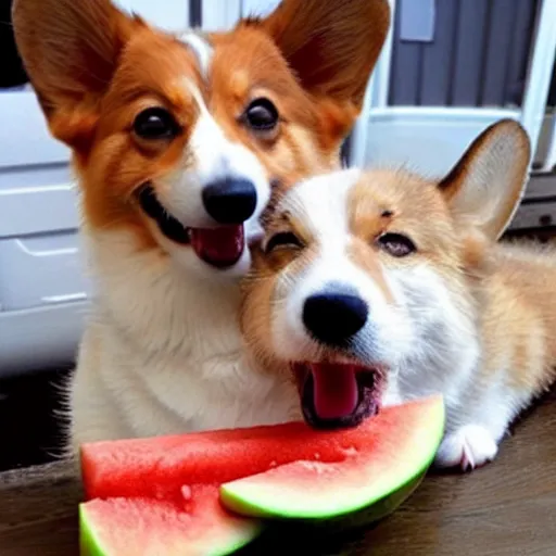 Prompt: a happy corgi eating watermelon while sad cat watches