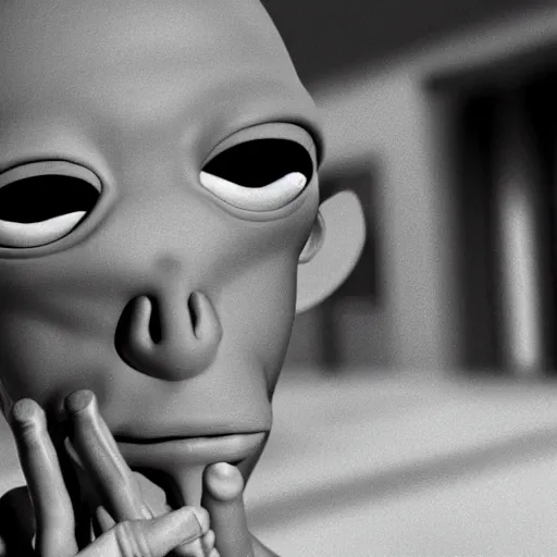 Prompt: Gray Alien working in Radioshack smoking a cigarette, real cinematic shot very detailed