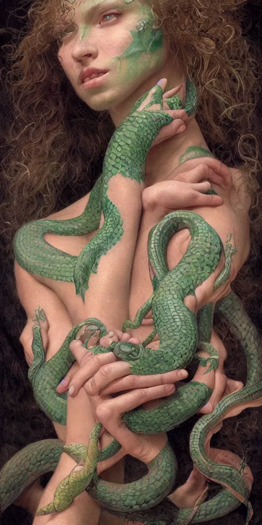 Image similar to epic masterpiece portrait of a snake tattooed gymnast, followed by heads with many souls, beautiful face and flawless skin, perfect hands, emeralds by Edgar Maxence and Ross Tran and Michael Whelan