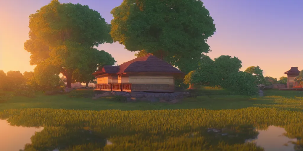 Prompt: a serene landscape with singular building near a lake with lotus at sunrise, pixar style, ghibli studio anime style, 8 k, hdr, octane render, unreal engine 5