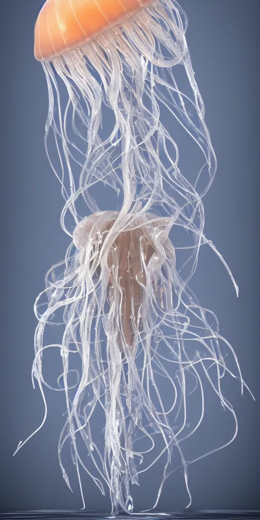 Image similar to a photorealistic render of a neotribal jellyfish, made of melted plastic and marble, c 4 d, by zhelong xu and ernst haeckel, wide angle, hyper realistic, plain black background, 8 k, volumetric lightning, octane render