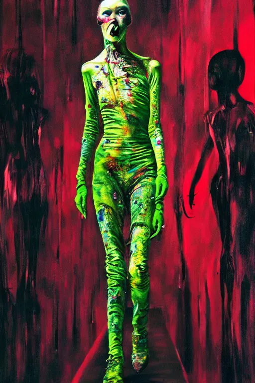 Image similar to crazy fashion catwalk, one model, crazy clothes, biopunk style, horror, clothes look like slime, hauntingly surreal, highly detailed painting by francis bacon, edward hopper, adrian ghenie, gerhard richter, and james jean soft light 4 k,