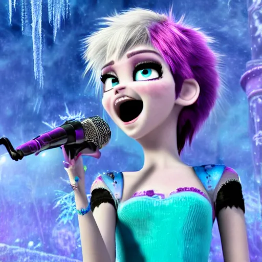 Image similar to high detail render of a punk girl with purple emo hair, a skull shirt, and studded arm bands screaming into a microphone in disney frozen style 4 k