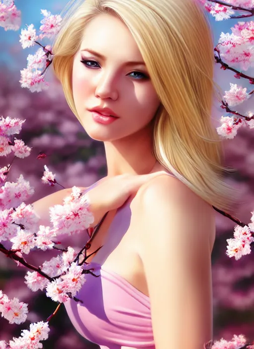 Image similar to photo of a gorgeous blonde female in the style of stefan kostic, realistic, half body shot, sharp focus, 8 k high definition, insanely detailed, intricate, elegant, art by stanley lau and artgerm, extreme blur cherry blossoms background