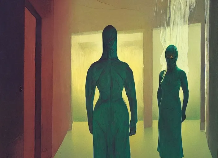 Image similar to woman in a translucent clothing made from green plastic bag with paper bags for clothes standing inside paper bags with paper bag over the head at store display on flooded night street Edward Hopper and James Gilleard, Zdzislaw Beksinski, highly detailed