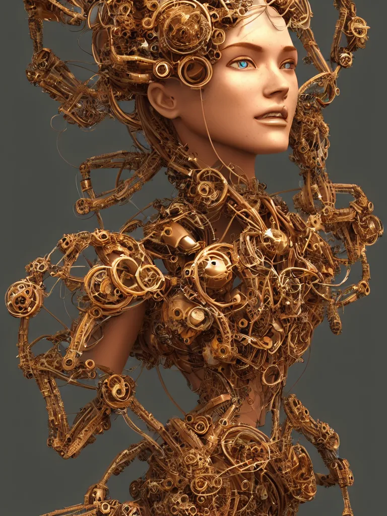 Image similar to a beautiful goddesses intertwined by bio - mech tendrils made of machine and robot parts, full body, gorgeous face, perfect face, powerful, by justin gerard and james jean, 3 d, cinema 4 d render, trending on artstation, octane render, 8 k