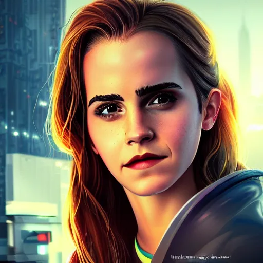 Image similar to Portrait of Emma Watson, the background is a huge futuristic city, cyberpunk style futuristic neon lights, artstation cgsociety masterpiece highly-detailed