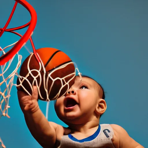 Image similar to a baby dunking a basketball, close up, dramatic action photography