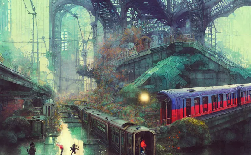 Image similar to an urban train rides inside of a waterway on a fantasy city. intricate, amazing composition, colorful watercolor, by ruan jia, by maxfield parrish, by marc simonetti, by hikari shimoda, by robert hubert, by zhang kechun, illustration, gloomy