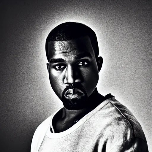 Image similar to the face of young kanye west wearing yeezy clothing at 3 3 years old, black and white portrait by julia cameron, chiaroscuro lighting, shallow depth of field, 8 0 mm, f 1. 8