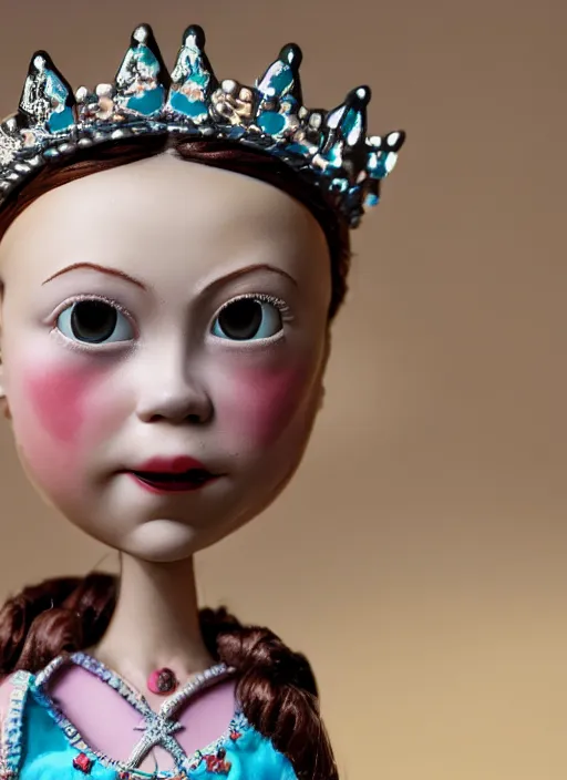 Image similar to closeup face profile portrait of tin toy greta thunberg as a fairytale goth princess wearing a crown eating cakes, bikini, depth of field, zeiss lens, detailed, symmetrical, centered, fashion photoshoot, by nicoletta ceccoli, mark ryden, lostfish, breathtaking, 8 k resolution, extremely detailed, beautiful, establishing shot, artistic, hyperrealistic, octane render