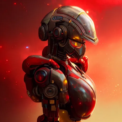 Image similar to cute red armored cyborg - girl by ross draws, long gold hair, yellow eyes, rtx reflections, octane render 1 2 8 k, extreme high intricate details by wlop, digital anime art by tom bagshaw, black shadows, stylized shading