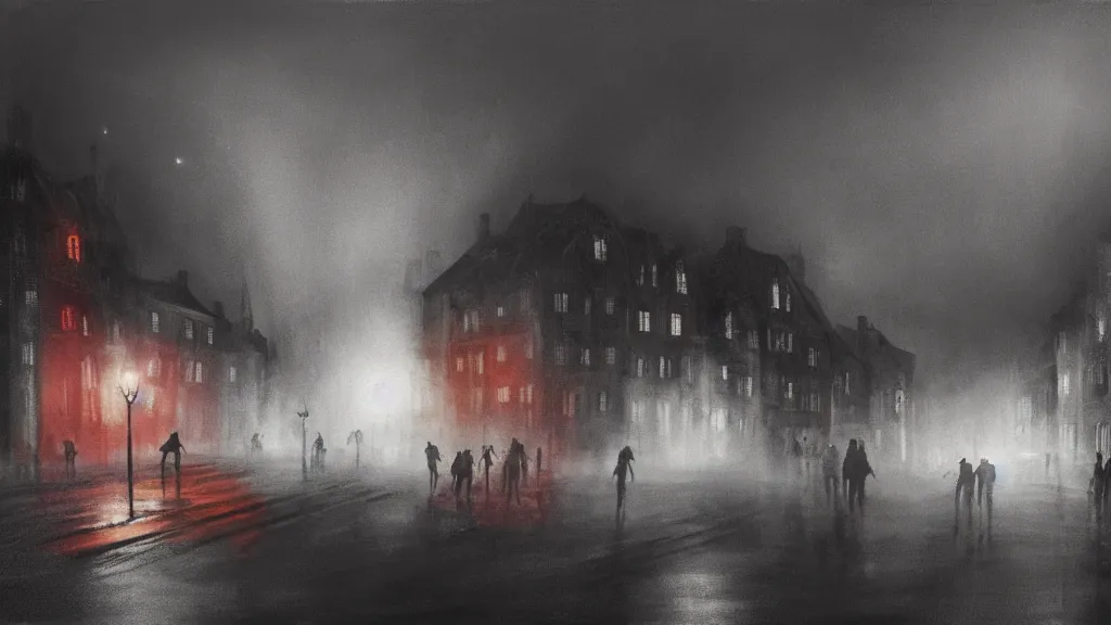 Image similar to a black hole with glowing edges over old town with houses in the windows of which the light is on and a crowd of people on street. early morning, fog on ground, wet street. mike barr painting. volumetric light, dull colors, dark, noir arthouse, 3 5 mm, hight detalied, hd, 4 k