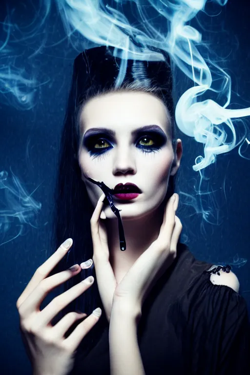 Image similar to a smoking witch, closeup, filled background around face fantasy, magic, undercut hairstyle, dark light night, intricate, elegant