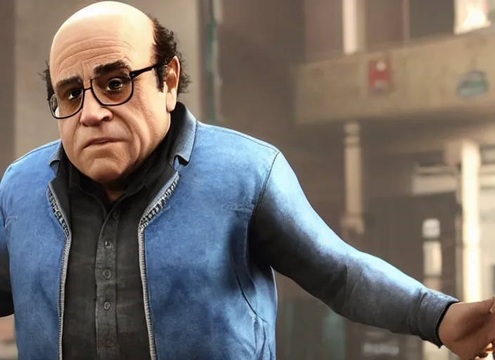 Prompt: video game still of danny devito in the video detroit become human,